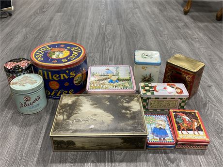 10 VINTAGE & COLLECTIBLE TINS (TALLEST IS 12”)