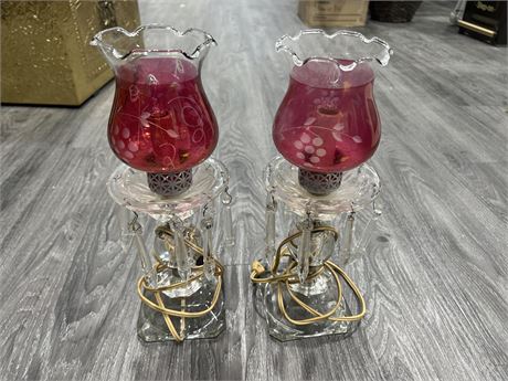 PAIR OF VINTAGE CUT GLASS LAMPS W/ CRANBERRY GLASS SHADES - 13” TALL