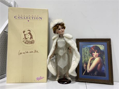 ROARING 1920s STYLE PORCELAIN FLAPPER DOLL (25”) & PICTURE (14”x18”)