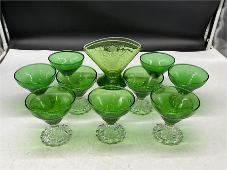 9 GREEN GLASSES & GREEN GLASS NAPKIN HOLDER (6” tall)
