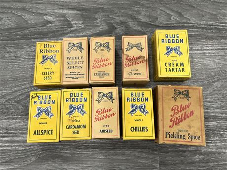 10 VINTAGE BLUE RIBBON SPICE BOXES - SOME WITH CONTENTS 3”