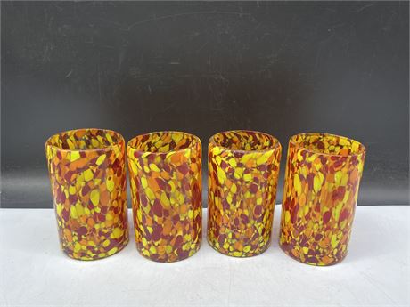 4 ART GLASS CUPS 5” TALL 3” DIAM