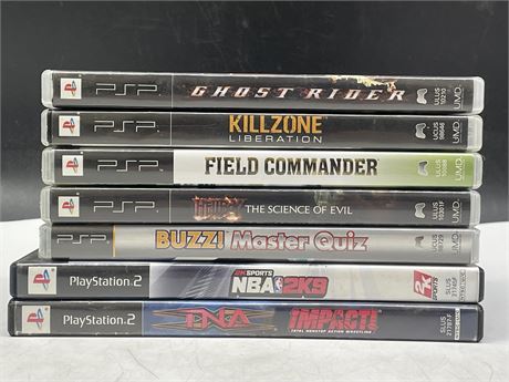7 PSP / PS2 GAMES INCL: SEALED BUZZ! MASTER QUIZ (MOST GOOD CONDITION)
