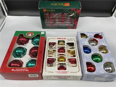 9” GLASS GARLAND & 3 BOXES OF VINTAGE ORNAMENTS