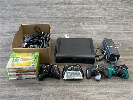 XBOX 360 W/GAMES & BOX OF CONTROLLERS - WORKING
