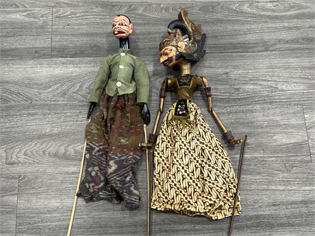 2 VINTAGE WAYANG HAND CARVED / PAINTED PUPPETS - 21” LONG