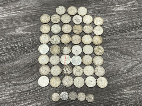 (45) SILVER CANADIAN QUARTERS + (5) SILVER CANADIAN DIMES