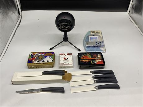 LOT OF MISC GOODS - STEAK KNIVES, CARDS, BLUE SNOWBALL MICROPHONE, ETC