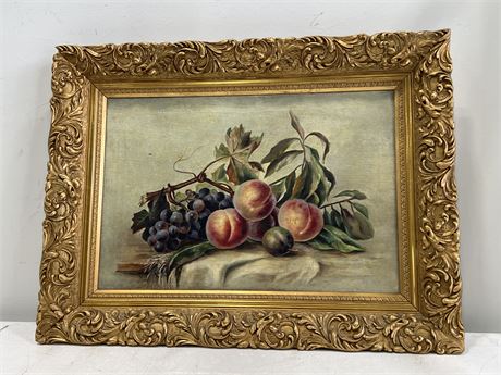 TURN OF THE CENTURY QUALITY OIL ON CANVAS PAINTING OF FRUIT - GOLD ORNATE FRAME