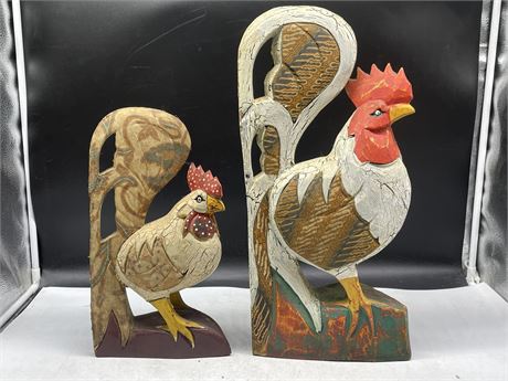2 FOLK ART ROOSTERS LARGEST 19”x9”