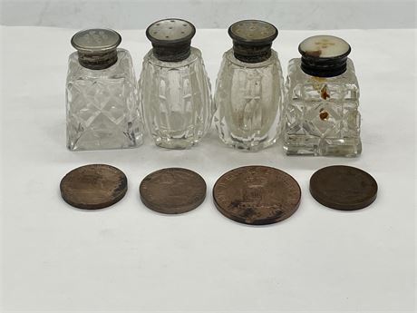 2 SETS STERLING TOPPED SALT & PEPPER SHAKERS + 4 CORONATION COINS