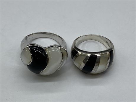 LARGE 925 STERLING OPALESCENT & ONYX RINGS - 1/2 AN OUNCE SILVER / SZ 8 & 9