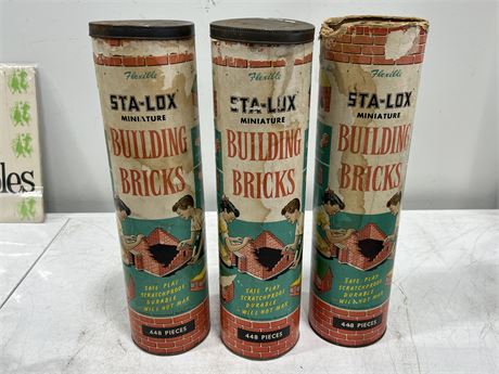 3 VINTAGE STA-LOX BUILDING BRICKS - FULL OF CONTENTS (16” tall)