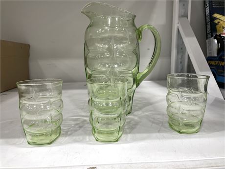 URANIUM GLASS VINTAGE PITCHER AND 3 CUPS RARE 10”