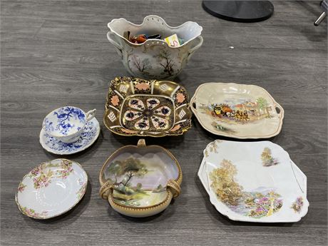 LOT OF VINTAGE MISC. CHINA -  VASE, PLATES, SPICES ETC. (LARGEST IS 12”X7”)