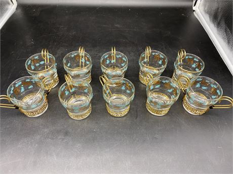 10 PIECE COLLECTABLE GLASSES W/GOLD PLATED HANDLES