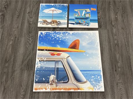 3 BEACH CANVAS PICTURES (Largest is 24”x24”)
