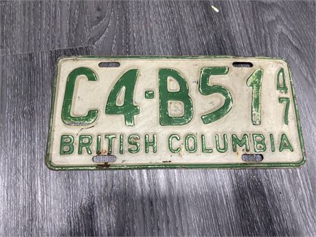 1947 BRITISH COLUMBIA LICENSE PLATE