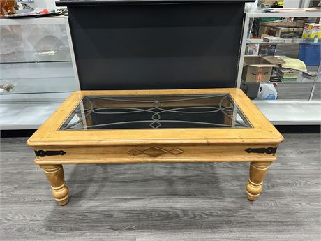 VINTAGE WOOD, WROUGHT IRON & GLASS COFFEE TABLE - 50”x30”x18”