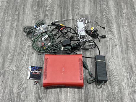 RED XBOX360 W/ ASSORTED CORDS & NDS GAME - UNTESTED / AS IS