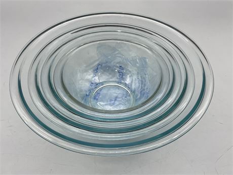 SET OF 4 PYREX GLASS BOWLS (12” DIAMETER LARGEST)