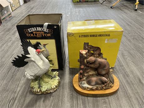 VINTAGE BEAVER & KIT DECANTER ON STAND + WHOOPING CRANE DECANTER 11”