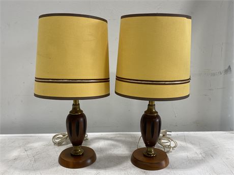 VINTAGE PAIR OF WALNUT LAMPS W/ORIGINAL SHADES (16”)