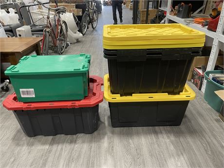 6 VARIOUS SIZED TOTES - ALL WITH LIDS/TOPS