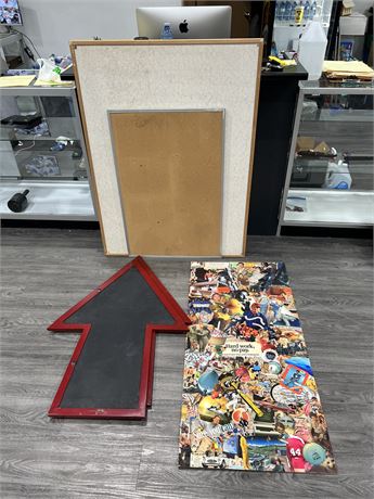 2 LARGE CHALK BOARD ARROWS / 2 BULLETIN BOARDS + PLYWOOD COLLAGE