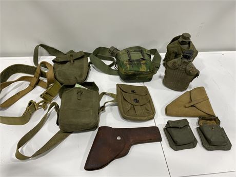 LOT OF MILITARY BAG, CANTEENS, & HOLSTERS
