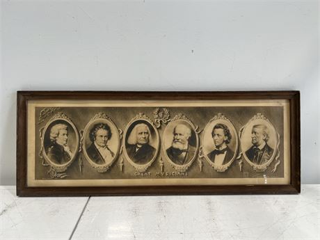 ANTIQUE “THE GREAT MUSICIANS” FRAMED PICTURE - 32”x12”