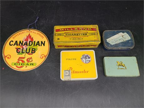 LOT OF 4 SQUARE TOBACCO TINS WITH CANADIAN CLUB CIGAR SIGN