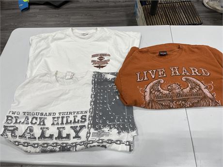 3 HARLEY DAVIDSON T-SHIRTS (WHITE T’s SHOW SIGNS OF USE - SIZE L-XL)