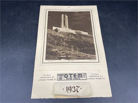1937 CALENDAR W/FULL PAD, VIMY RIDGE PICTURE (Langley BC)
