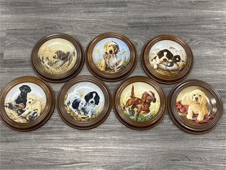 1987-1989 7 KNOWLES COLLECTOR PUPPY WOOD FRAMED PLATES (11” DIAMETER)