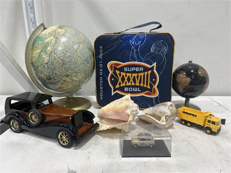 MISC. COLLECTABLES LOT - GLOBES, CARS, SHELLS + OTHERS