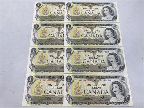 8 MINT STATE SEQUENTIAL 1973 DOLLAR CANADIAN BILLS