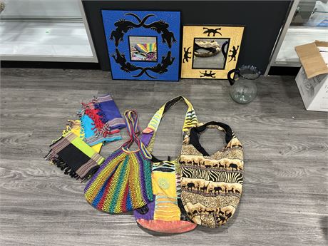 LOT MISC FUNKY HAND BAGS, 2 LIZARD MIRRORS & ECT - LARGER MIRROR IS 20”x20”
