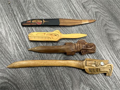 4 INDIGENOUS CARVINGS - SOME SIGNED (Longest 11”)