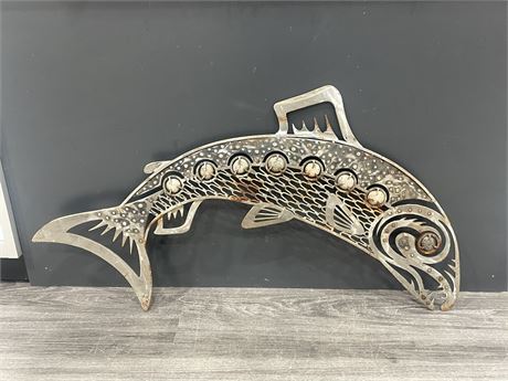 LARGE CUSTOM MADE NATIVE STEEL SALMON WALL HANGING MADE BY H.WALL 38” WIDE