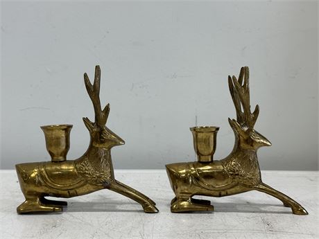 2 MCM BRASS DEER CANDLE HOLDERS (5”X6”)
