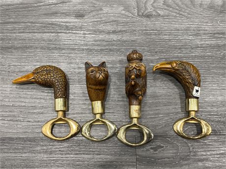 4 VINTAGE WOOD CARVED ANIMAL HEAD BOTTLE OPENERS - MADE IN ITALY - LARGEST IS 6”