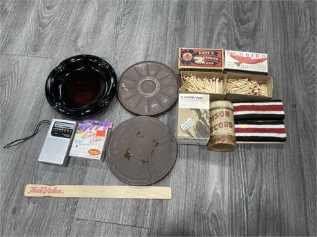 VINTAGE COLLECTABLES INCL: SONY TRANSISTOR (WORKS), REELS, MATCHES, ETC