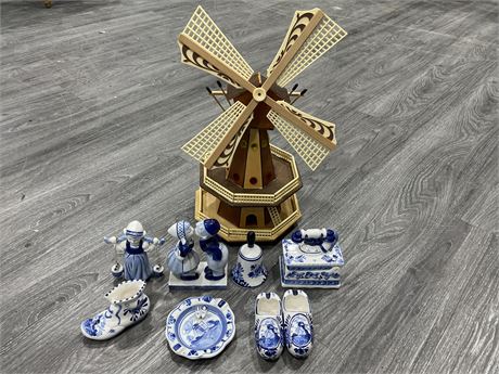 WOOD HAND MADE WINDMILL (16” TALL) & 8 DELFT CHINA PIECES