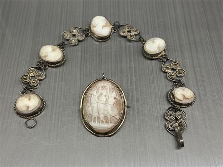 CAMEO NECKLACE CHARM/PIN & SILVER BRACELET WITH 5 CAMEO INLAYED