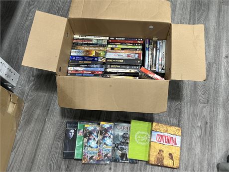BOX OF DVDS - SEASONS, TRILOGYS, ETC
