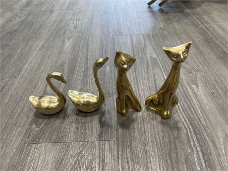 SMALL VINTAGE BRASS CATS & SWANS - 6”