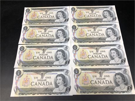 8 SEQUENCED 1973 CANADIAN 1$BILLS (401-408)