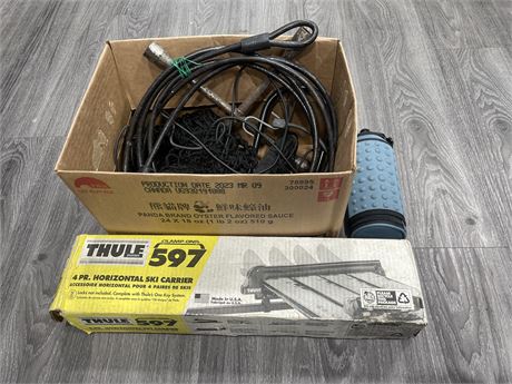 THULE SWEDEN 597 CARRIER RACK, TIRE WRENCH, CARGO NETS, BUNGY CORDS