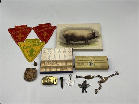 ANTIQUE WATCH PARTS, SMALL PIG PRINT & OTHER VINTAGE COLLECTABLES